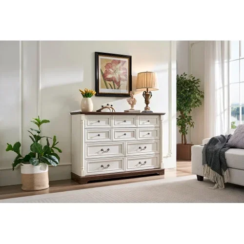 10 Drawer Dresser Chest For Bedroom With Wooden Base And Riser Trim