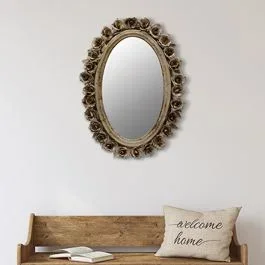 Floral Framed Antiqued Metal Oval Mirror