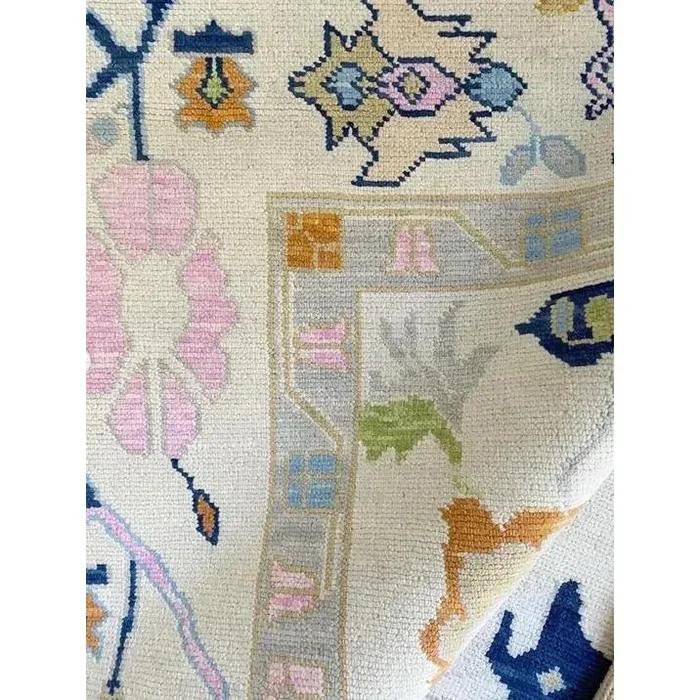 Modern Handknotted Oushak Rug in Shades of Blue & Pink with Multicolor Pops, 8′ x 10′