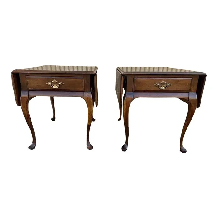 Pair of Vintage Queen Anne Style Solid Cherry Drop Leaf Nightstands End Side – Lamp Tables.