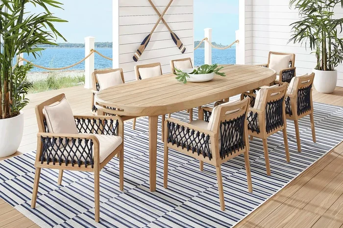 Riva Blonde 9 Pc Large Oval Outdoor Dining Set with Flax Cushions
