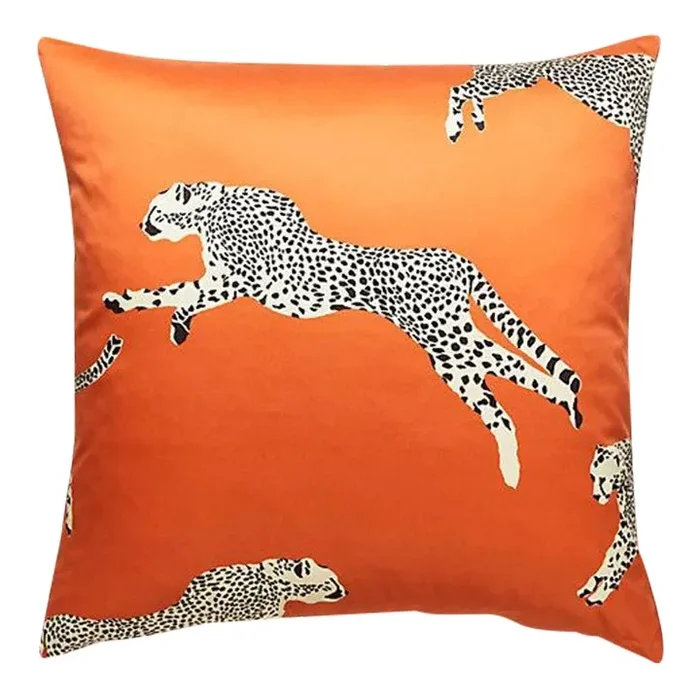 The House of Scalamandré Leaping Cheetah Pillow, Clementine
