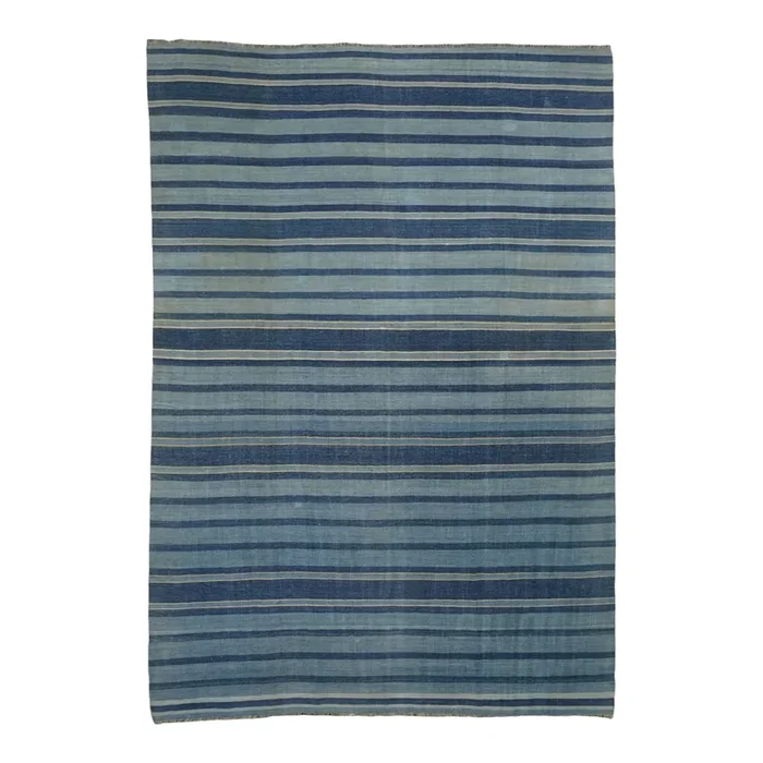 Vintage Dhurrie Rug With Navy Blue Stripes | Rug & Kilim